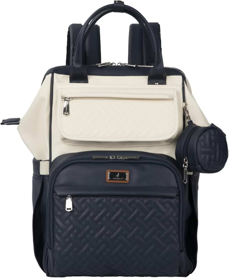BabbleRoo Leather Diaper Bag Backpack, Multifunction Large Bags with Changing Pad & Stroller Straps Pacifier Case, Unisex Stylish Travel Back Pack Nappy for Moms Dads (Blueberry Cream)