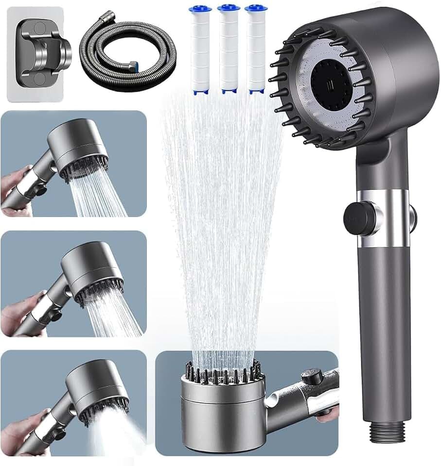 Filtered Shower Head with Handheld High Pressure 3+1Spray Mode Showerhead High Power Shower Head and Hose Set with 3FiltersWater Reduce Dry Itchy Skin for 4 Spray Modes & Pause Switch Gray