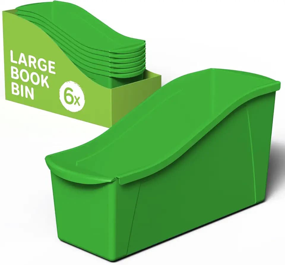 Storex Large Book Bin, Interlocking Plastic Organizer for Home, Office and Classroom, Green, 6-Pack (71104A06C)
