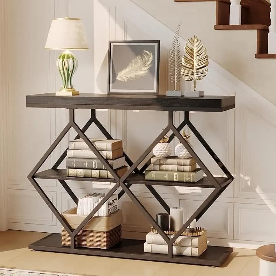 Narrow Farmhouse Console Table with 3-Tier Storage Shelves, Rustic Entryway Table Behind Sofa, Industrial Hallway Accent Table with Geometric Metal Legs, Wood Look Sofa Table for Living Room