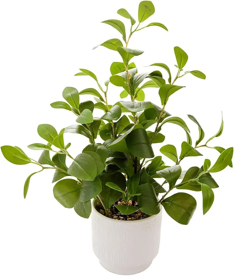 16'' Artificial Ficus Plant in White Textured Ceramic Pot Realistic Faux Greenery with Lifelike Leaves Fake Plants for Indoor Home Office Bathroom Shelf Desk Tabletop Decor