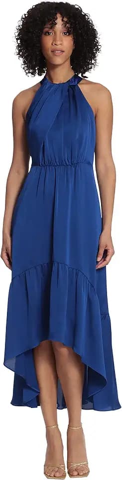 Maggy London Women's Women's Fold Detail Halter Neck Dress with Back Neck Tie and Tiered High-Low Skirt