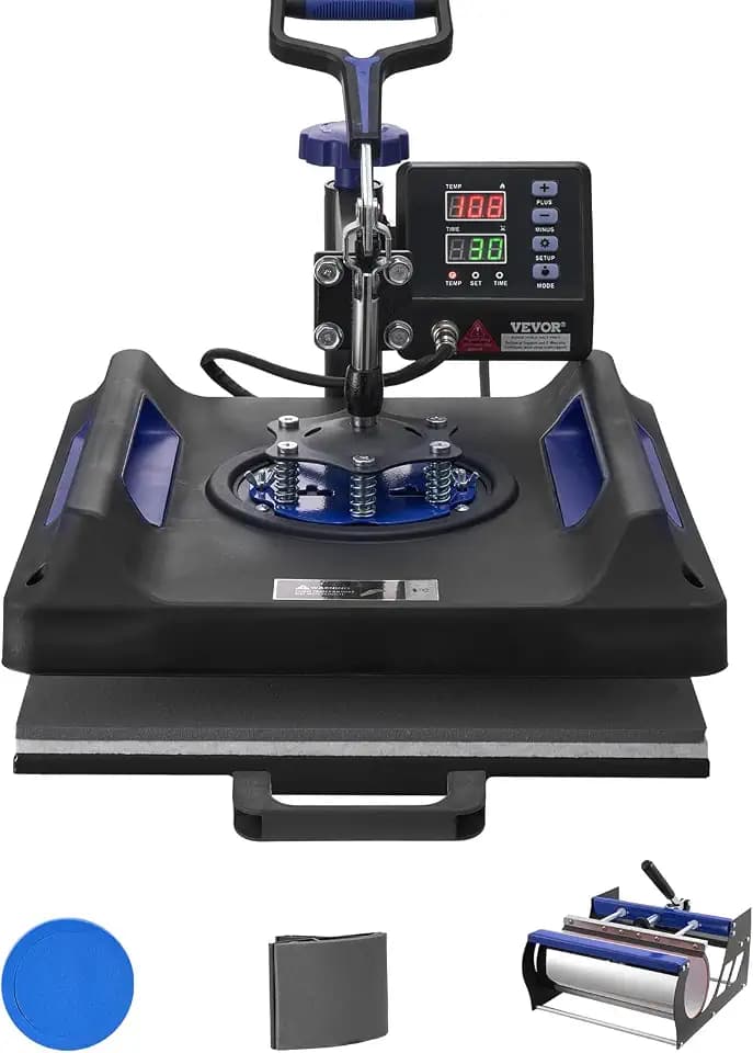 VEVOR 5 in 1 Heat Press Machine, Heat Transfer Machine with 30 oz Tumbler Press, 15 x 15 inch, 360° Swing Away T-Shirt Pressing, Fast Even Heating, for T-Shirts/Mugs/Plates/Hats, Black+Blue