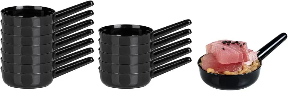 Restaurantware 1 Ounce Disposable Dessert Cups 100 Mini Sauce Dishes - Sauce Pan Design Serve Condiments Snacks or Samples Black Plastic Small Appetizer Plates For Parties or Catered Events
