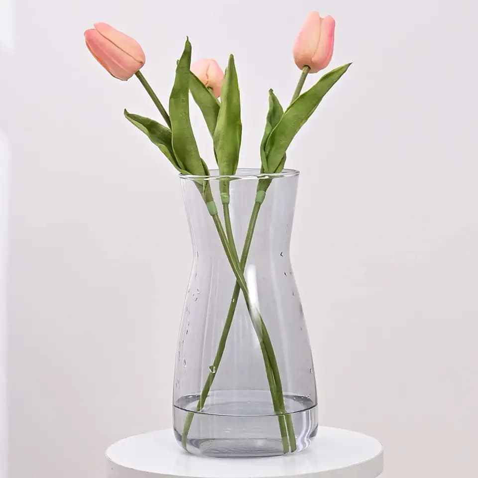 8 Inch Gray Glass Vase for Flowers, Modern Boho Table Decor