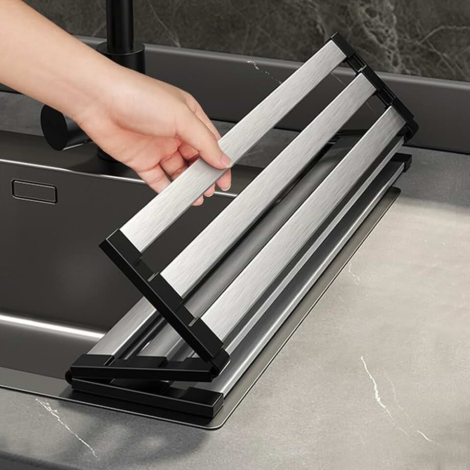 Roll Up Dish Drying Rack, Over Sink Stainless Steel Rack,Foldable Kitchen Sink Mat,Kitchen Sink Drain Rack Dish Storage Rack (19.69" H x 12.8" W)