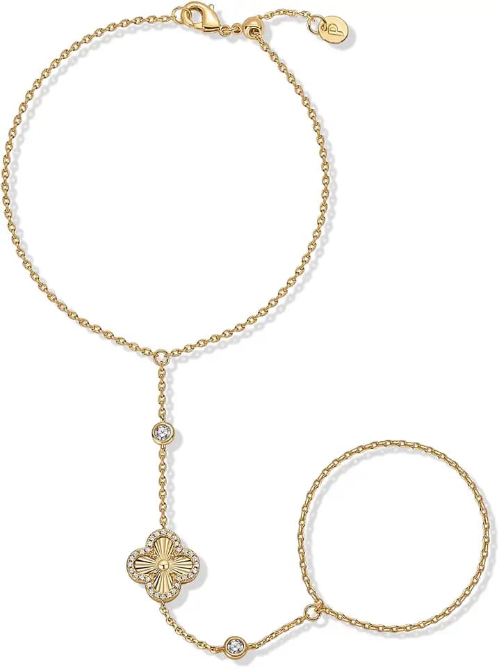 PAVOI Hand Chain Bracelet for Women, 14K Gold Plated Clover Ring Bracelet