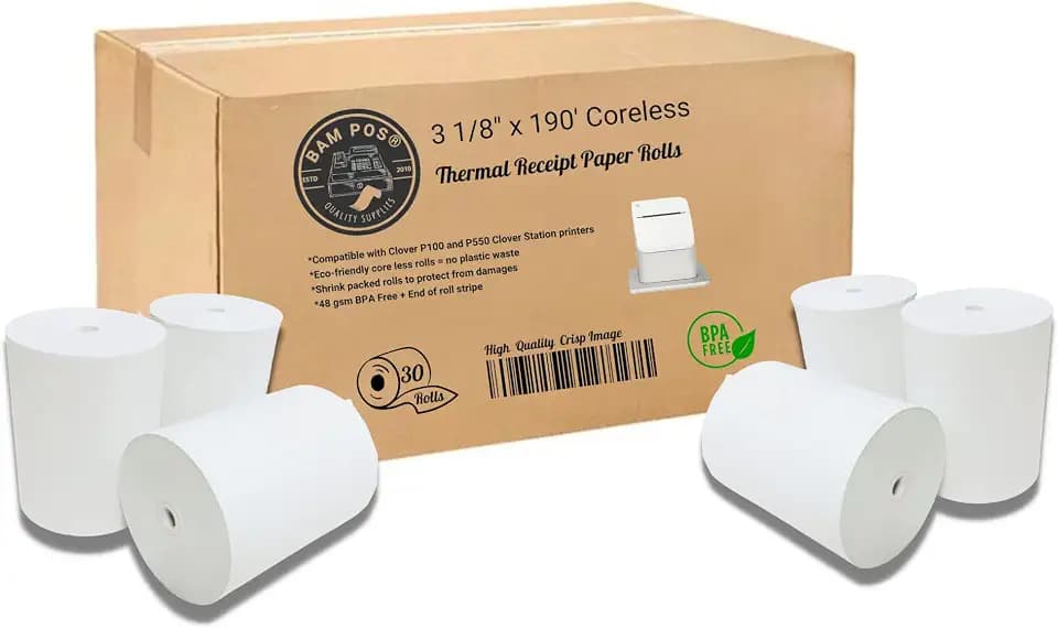 BAM POS 3 1/8 x 190 Thermal Paper Rolls - Large Receipt Roll - Compatible with Clover Stations, P100, P550, SCP700, Square Stations (30 Rolls Per Case)