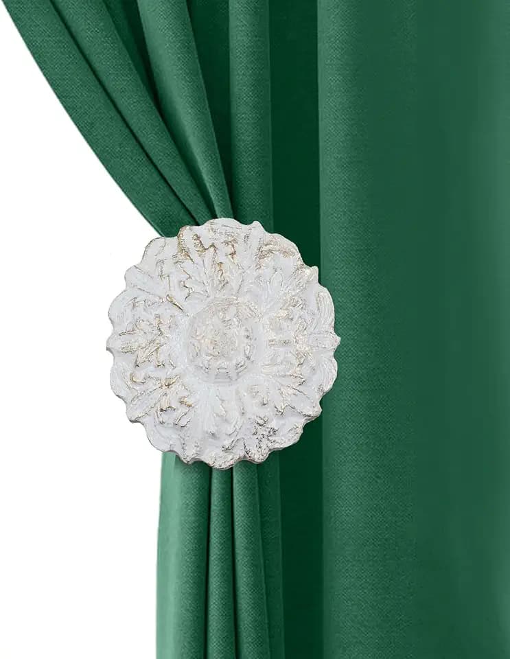 THDC Wall Mounted Floral Curtain Holdbacks (Pack of 2) - Boho Flowery Curtain Holders for Living Room, Bedroom, Office Drapes - Farmhouse Tiebacks for Curtains (Off-White Fleur)