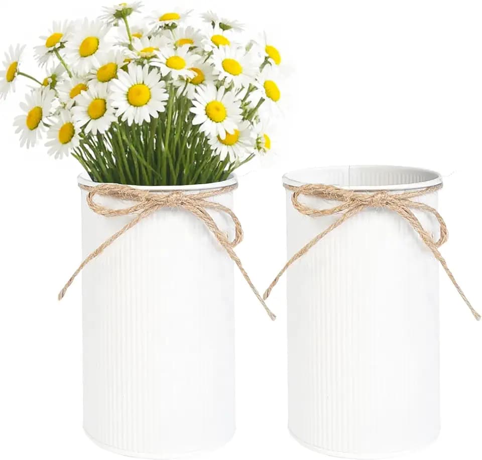 6" High Rustic Metal Mason Jar Vase Centerpiece for Table, White, 2 pcs