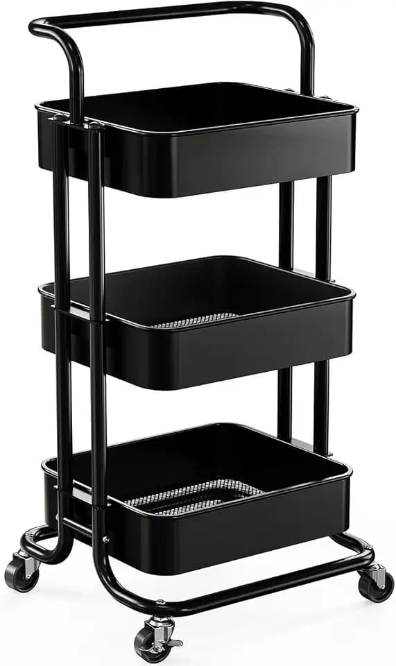 Pipishell Metal 3 Tier Rolling Cart with Handle & 2 Lockable Wheels, Black