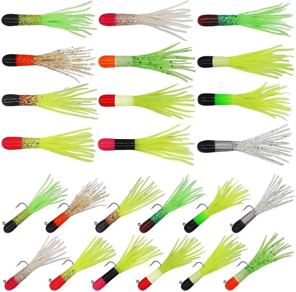 Crappie Jigs Kit with Tube Baits, 120pcs Soft Plastic Crappie Lures (12 Colors) & 10 Jig Heads for Panfish & Trout Fishing