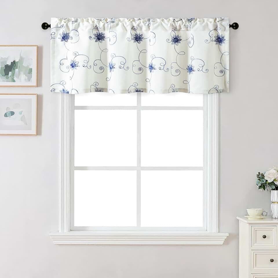 VOGOL Blue Floral Vine Embroidered Window Valance, 60 x 18, 1 Panel