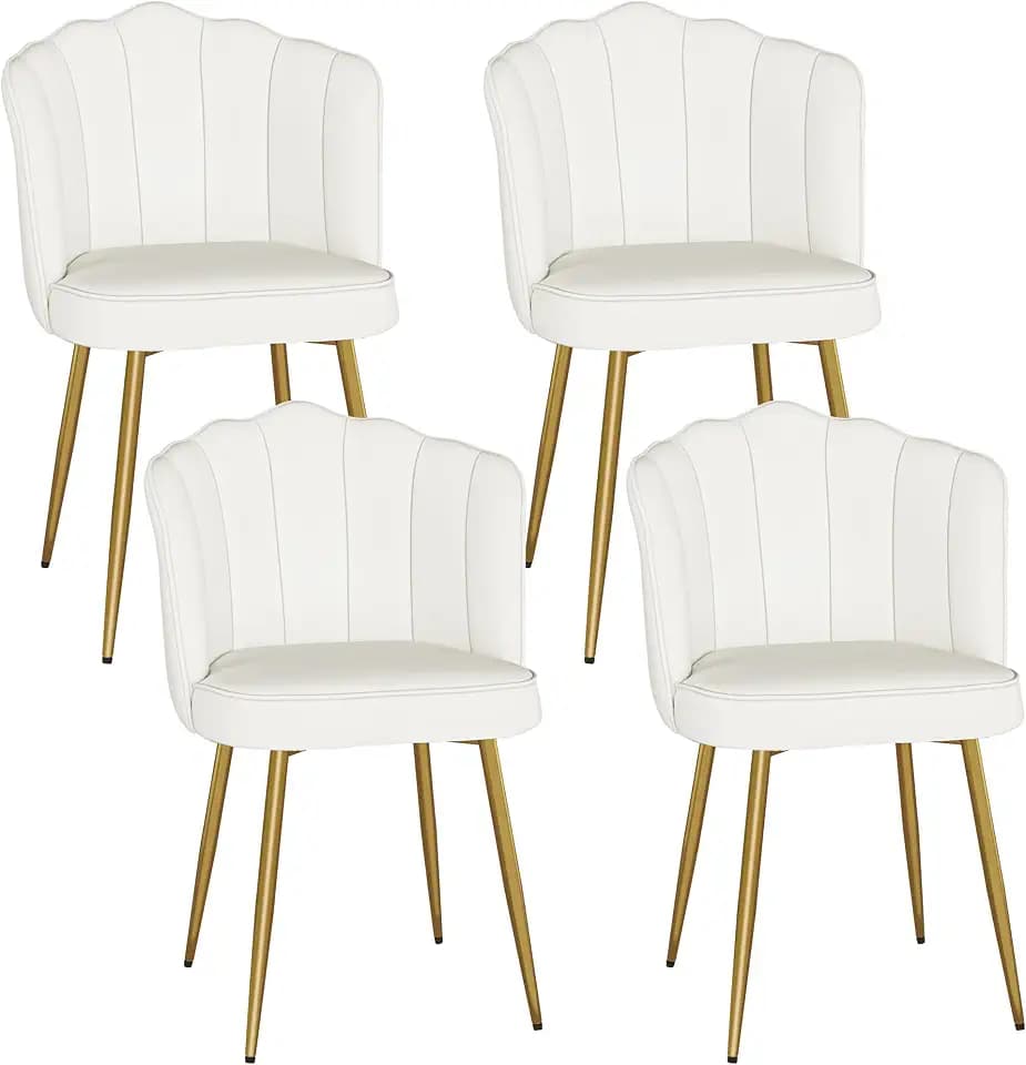 VECELO Velvet Dining Chairs Set of 4, Modern Upholstered Kitchen Chairs with Thick Cushions, Curved Padded Backrest and Metal Legs, for Kitchen, Dining Room, Living Room, White