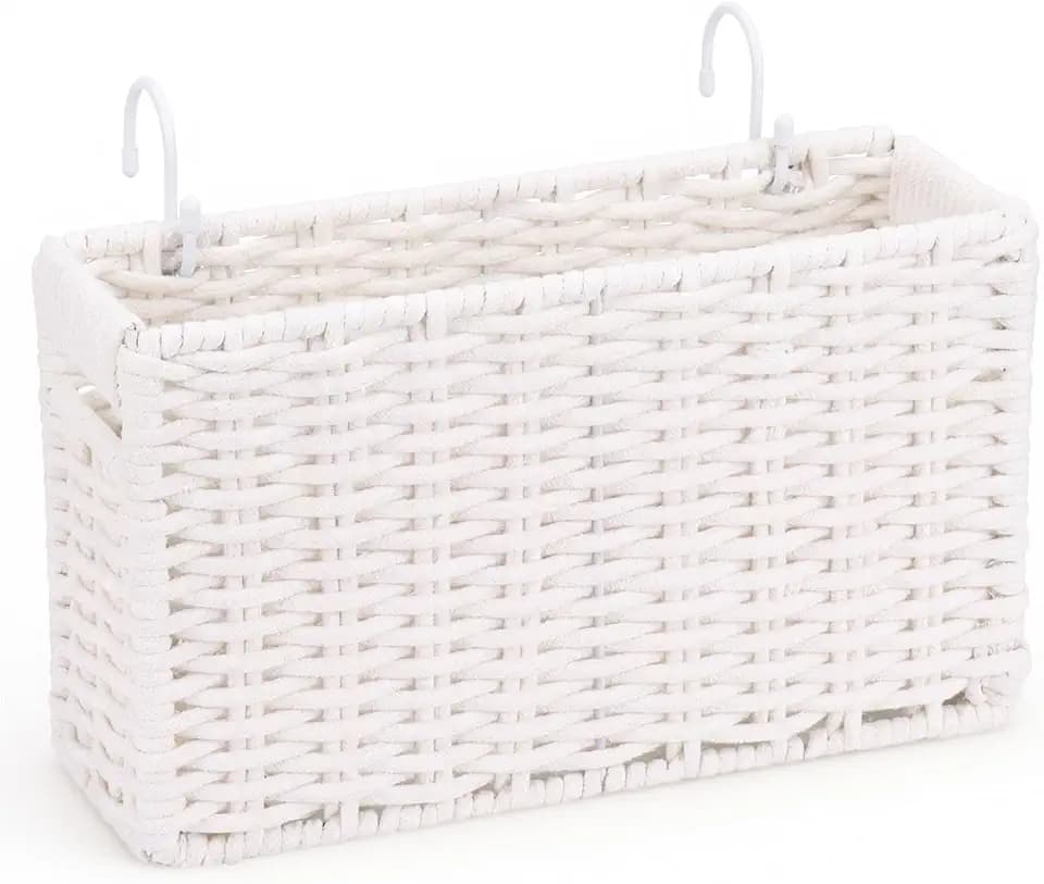 Cotton Rope Woven Bedside Caddy for Dorm Bed, Foldable Bedside Shelf Bunk Bed Accessories, College Dorm Room Essentials Hanging Organizers Storage Basket, Room Decor Magazine File Holder (White)