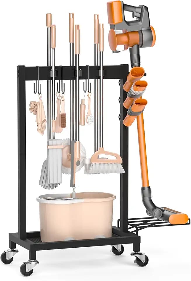 Broom Holder with Cleaning Supplies Organizer, 18" Wx11.8 Dx34.6 H
