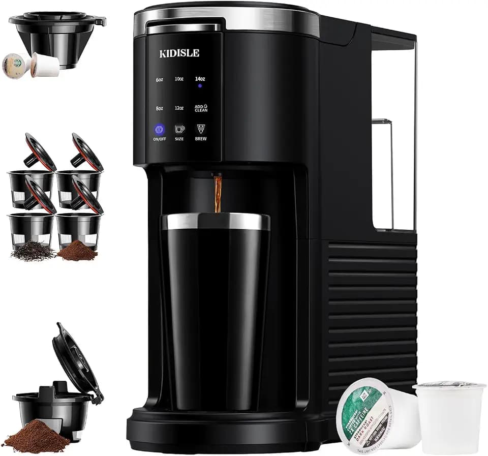 KIDISLE Single Serve Coffee Machine, 3 in 1 Pod Coffee Maker for K Cup Pods & Ground Coffee & Teas, 6 to 14oz Brew Sizes, with Stainless Steel Interior Thermal Travel Mug, Black