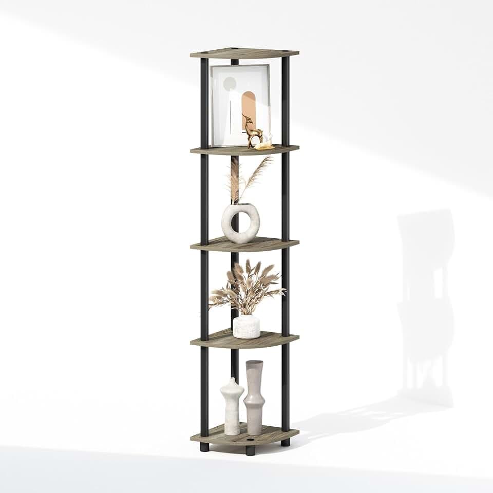 Furinno Turn-N-Tube Storage Shelves, 5-Tier Book Shelf, Corner Shelf with Open Shelves, Toollesss Assembly, for Organization and Storage, Living Room, Home Office, Hallway, Bedroom, Grey Oak