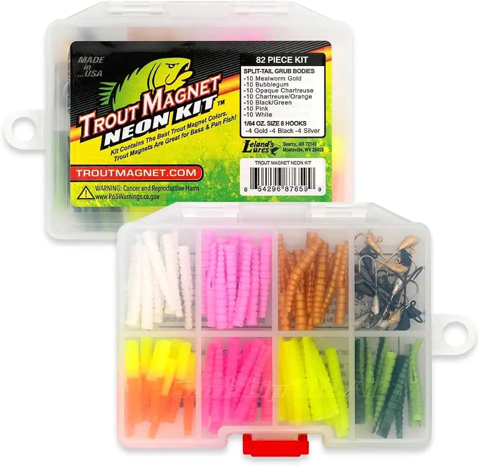 Trout Magnet 82-Piece Neon Fishing Gear Kit, Includes 70 Grub Bodies Trout Bait and 12 Size 8 Hooks
