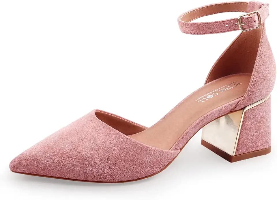 BCTEX COLL Womens Pointed Toe Pumps Shoes Ankle Strap Chunky Low Heels Metal Lined Sandals Designed for Women