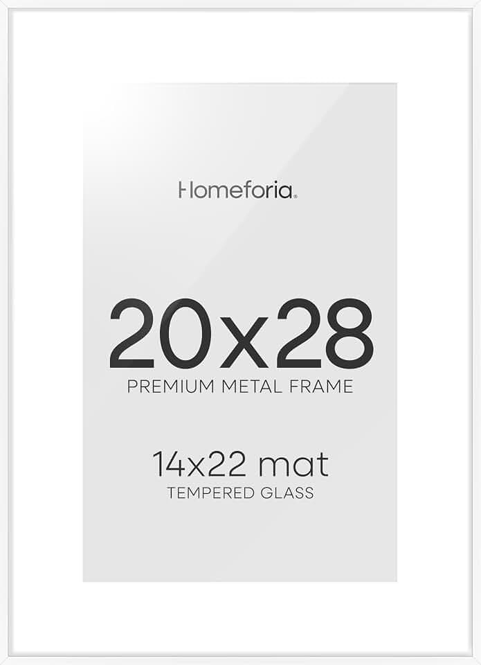 Homeforia 20x28 White Picture Frame, High-End Metal, 14x22 Mat, Glass