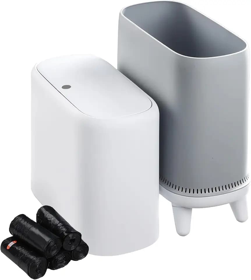 Dog Proof Small Bathroom Trash Can with Lid, Slim Press Top Garbage Can, Narrow White Plastic Waste Basket, for Bathroom Bedroom Office Raised Legs 4.8 Gal with 5 Roll 75 Trash Bags