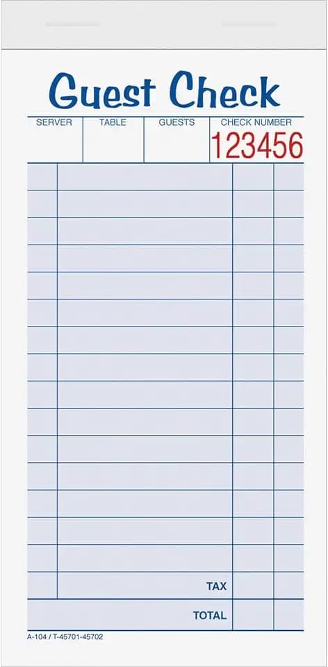 TOPS Guest Check Books, 2-Part, Carbonless, White/Canary, 3-11/32" x 6-3/8", 50 Sets/Pad, 10 Pads/Pack (45702)