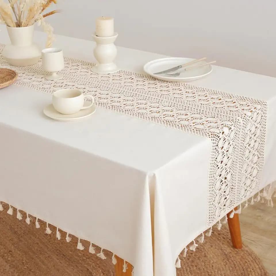 AMZALI Tablecloths for Rectangle Tables, Washable Crochet Lace Cotton Linen Table Cloth Dust-Proof Table Cover with Tassles for Kitchen Dining Room, Party, 55 x 98 Inch, Beige