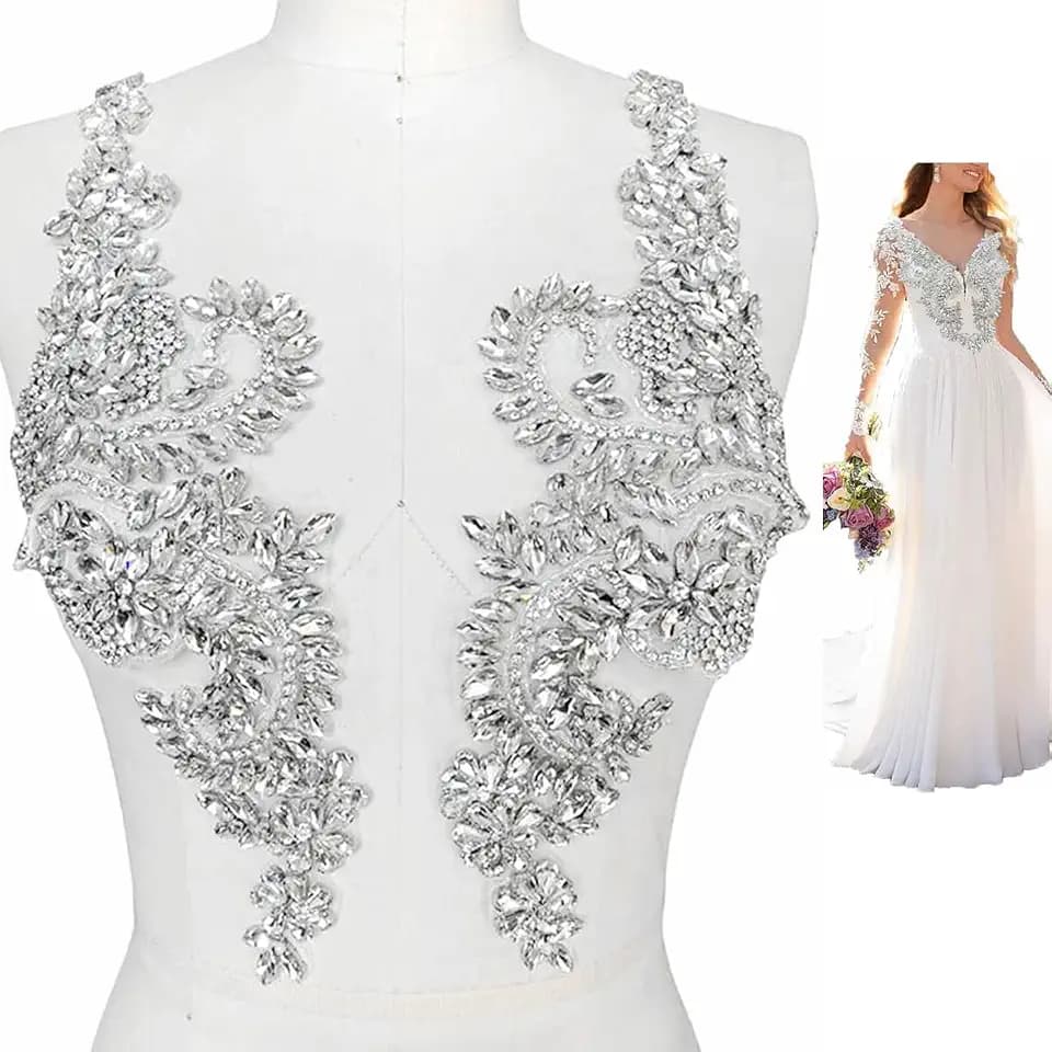 Handmade Rhinestone Applique Decorative Mesh Patch Corset Accessories are Suitable for Wedding Dresses 1 Pair/Set 4.7X15.7inches (Silver)