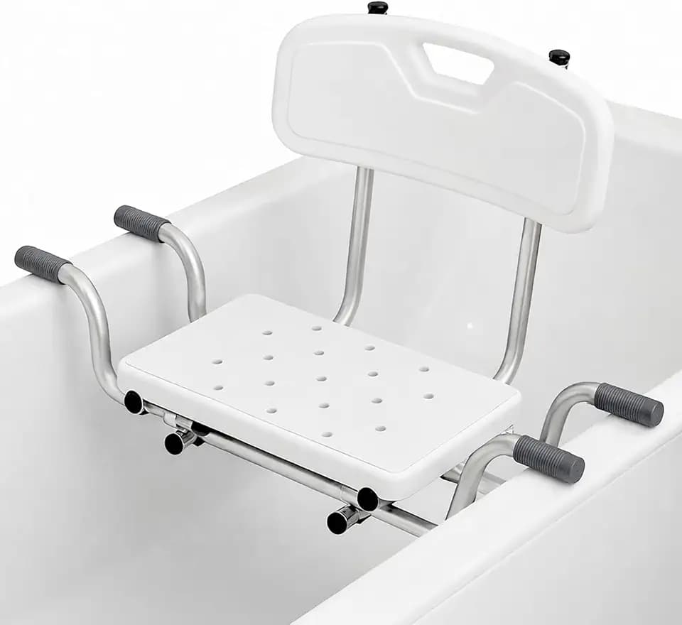 Verstellbarer Badewannensitz Senioren mit Rückenlehne – Rutschfester Badehocker mit herausziehbarer Sitzbreite (77-87 cm), höhenverstellbarer Rückenlehne (29-34 cm) und Belastbarkeit bis 130 kg