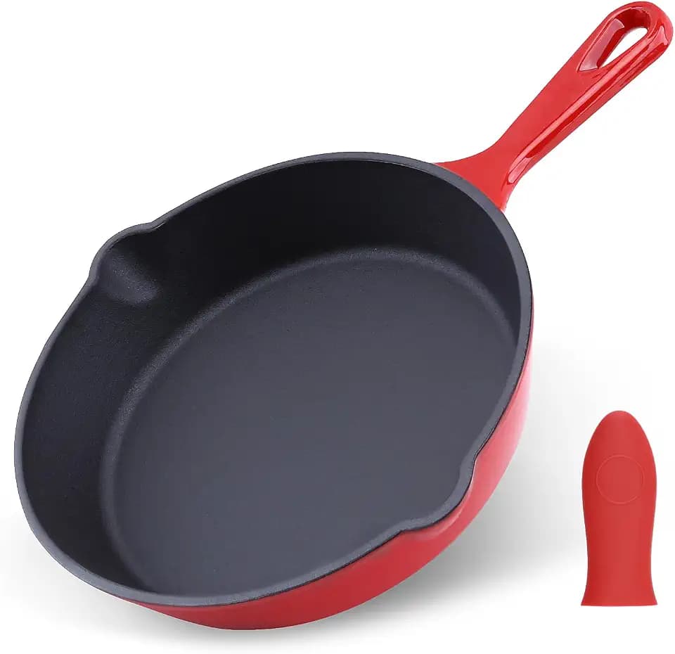 Enameled Cast Iron Skillet with Pour Spouts for Searing Baking Grilling and Roasting,8inch Frying Pan Cookware with Silicone Handle Cover,Durable Oven Safe Pan,Stove Campfire Use(Red)