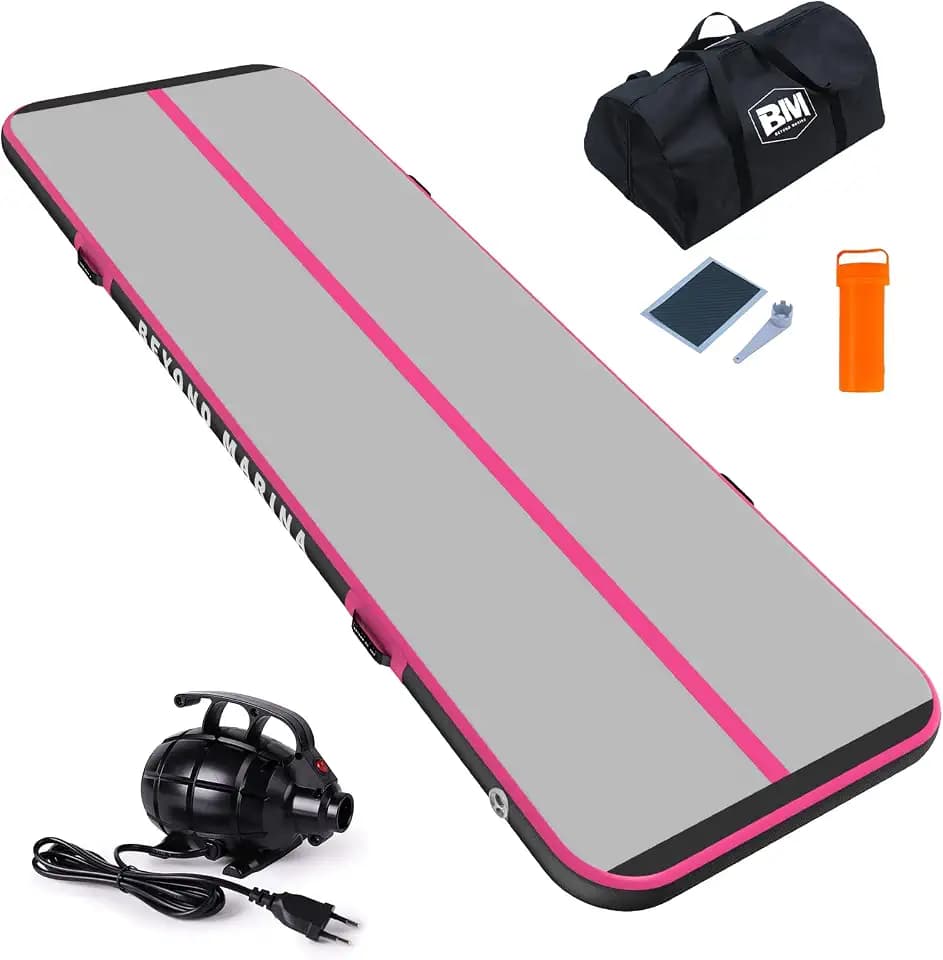 BEYOND MARINA Air Gymnastics Tumble Track 4/8 inches Thickness Inflatable Tumbling Air Mats for Home Use Training/Cheerleading/Yoga/Water(Carbon-Pink, 13'x3.3'x4'')