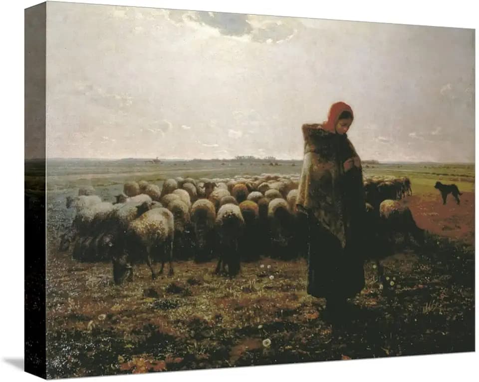 ART.COM Stretched Canvas Print Shepherdess with Her Flock by Jean-Fran?ois Millet, 16" x 12"