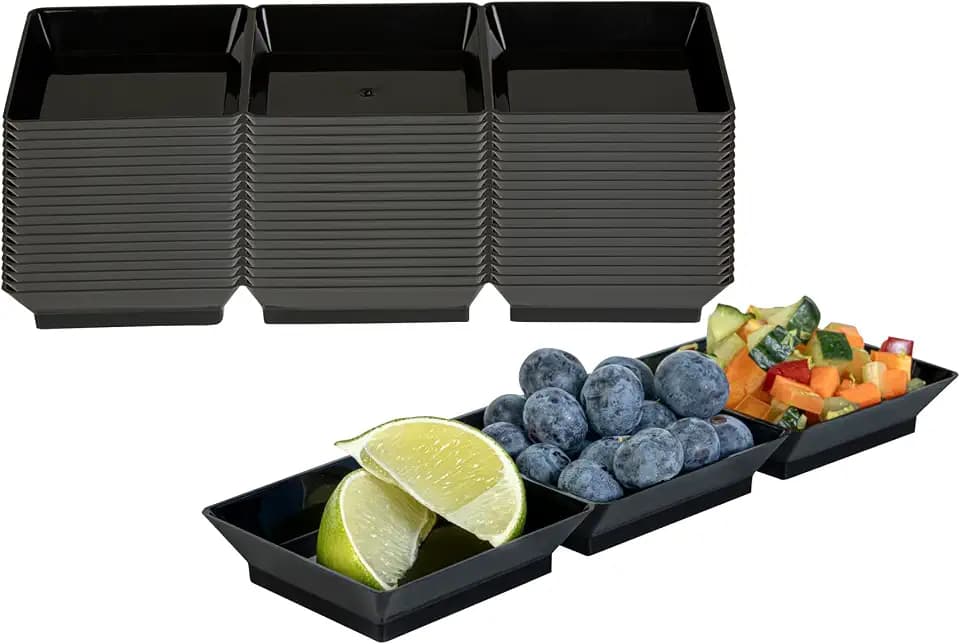 Restaurantware Rectangle Black Plastic Terzetto Mini Plate, 20 Pack