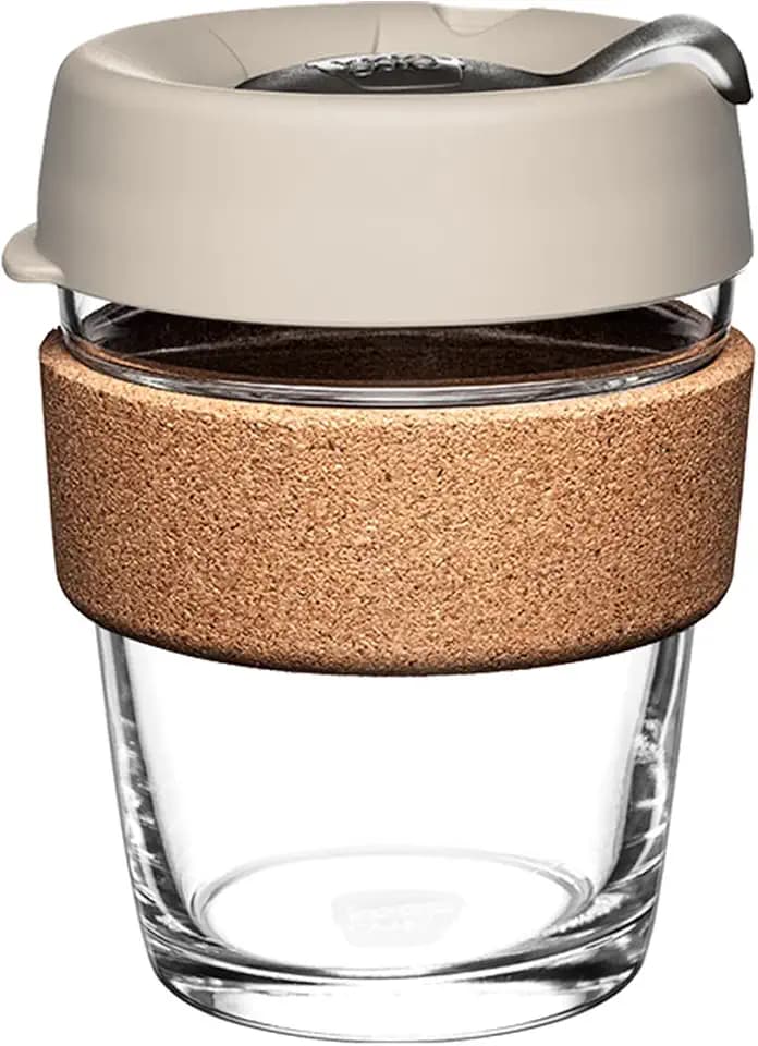 KeepCup Brew Cork Reusable Coffee Cup, 12 oz Glass Tumbler with Cork Band and Splashproof Lid, Dishwasher Safe, Filter