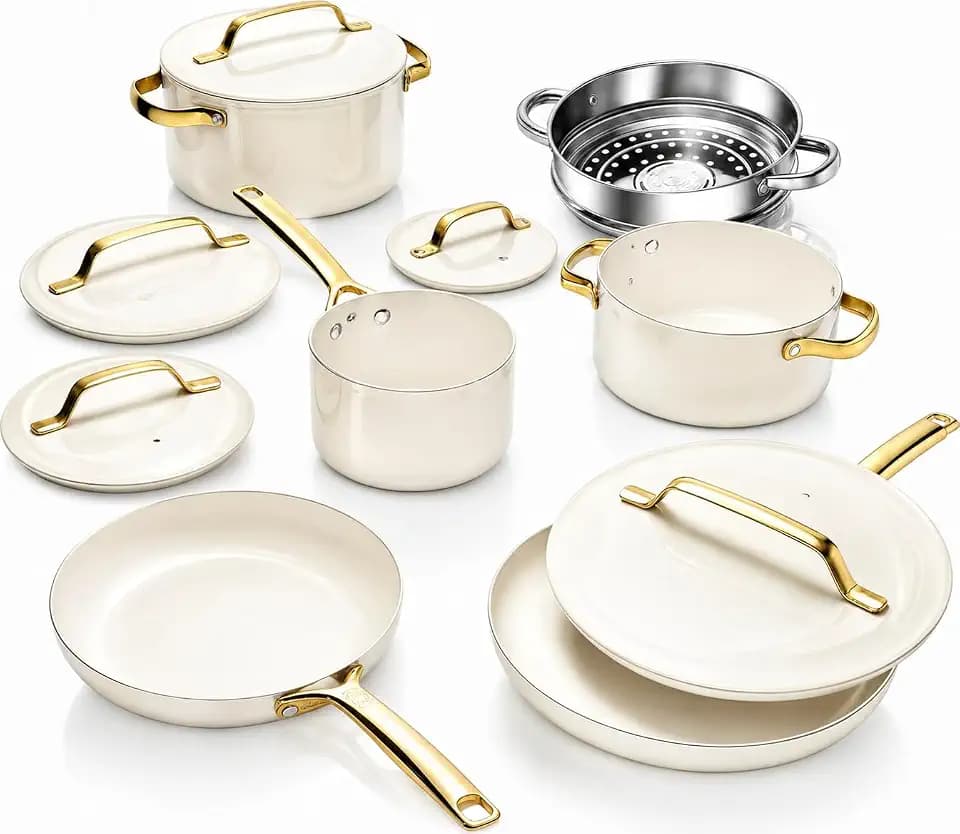 Gotham Steel Modern 11 Pc Ceramic Cookware Set, Elegantly Designed Pots and Pans Set Non Stick with Steamer, Induction Bottom, Premium Stay Cool Handles, Non Toxic PFOA Free, Oven & Dishwasher Safe