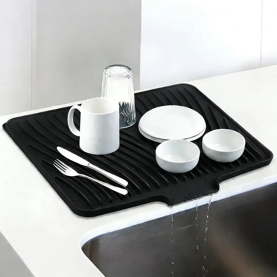 Silicone Dish Drying Mat for Kitchen Counter, Black-1pcs, 16" x 13"
