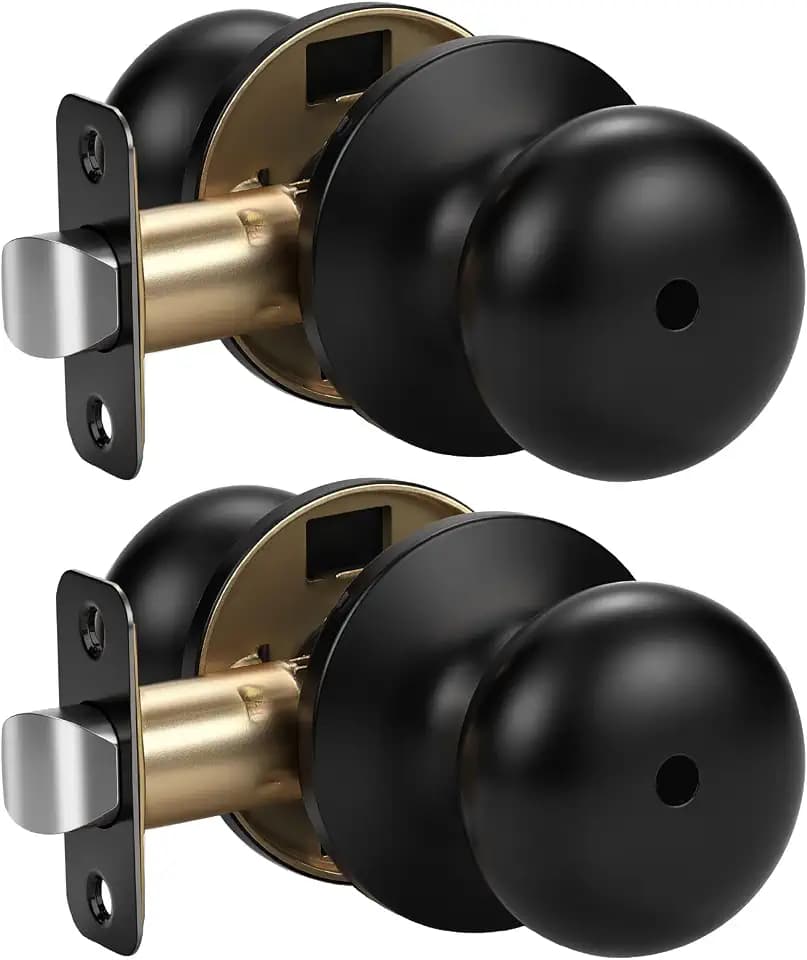 KNOBWELL 2 Pack Privacy Door Knob for Bathroom or Bedroom, Keyless Round Interior Door Knobs with Lock, Door Handle for Interior Doors, Matte Black Finish