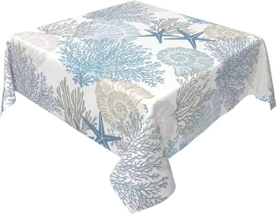 BETGINY Summer Coastal Tablecloth 54x54 Inch Square Waterproof Rustic Blue Ocean Coral Starfish Seashell Print Table Cloths Fabric Farmhouse Beach Table Cover Decorative for Picnic Party Holiday Home