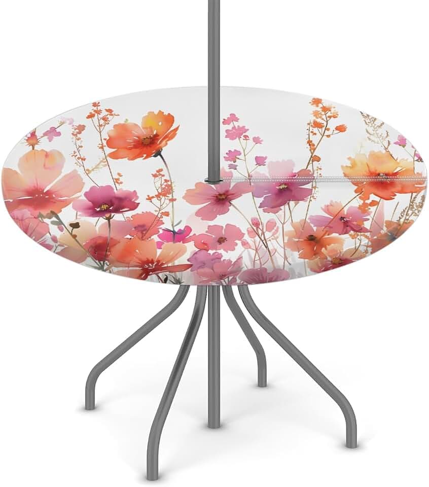 Wild Pink Florals Round Fitted Tablecloth with Umbrella Hole Outdoor Fitted Tablecloth with Zipper Round Elastic Table Cover Waterproof Umbrella Table Cloth 45"-56" Patio Picnic Outdoor Table Cloth