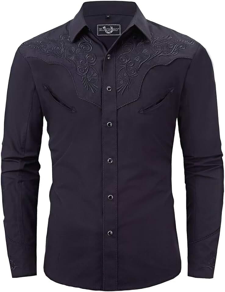 EL PIONERO Men's Western Shirt Long Sleeve Embroidered Cowboy Casual Snap Button Shirt Black