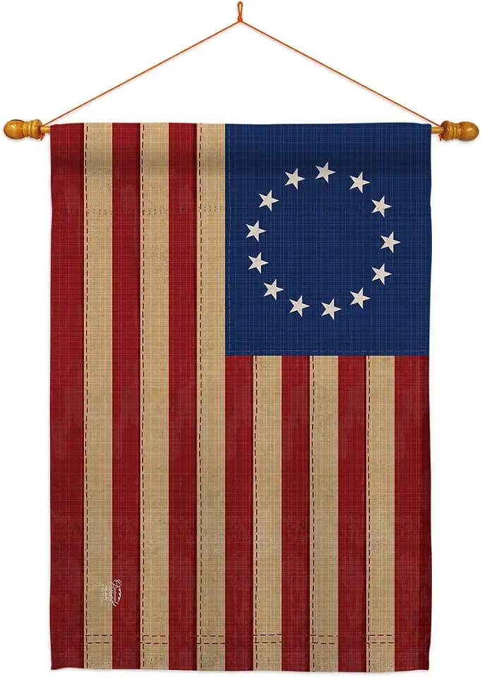 HS192174-BO-03 Heritage Betsy Ross Americana Historic Impressions Decorative Vertical 28" x 40" Double Sided House Flag Set Wood Dowel with String Hardware