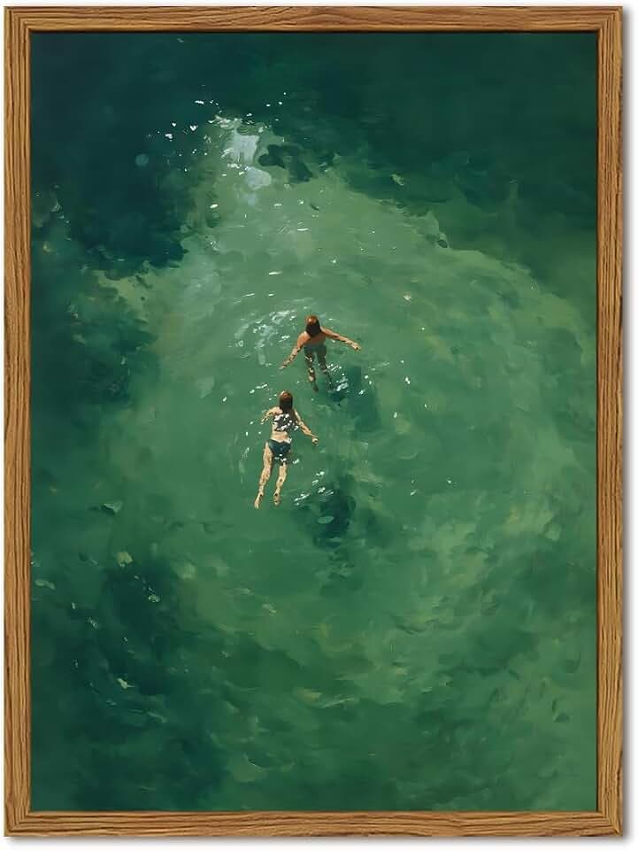 Framed Tiny People Swimming Canvas Wall Art, Minimalist Green Water Pictures Wall Decor, Abstract Summer Beach Paintings Prints Modern Home Decor for Living Room Bedroom Bathroom 16x24 inch
