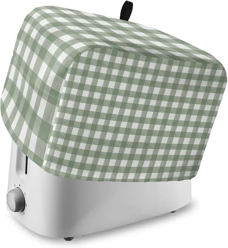Sage Green Buffalo Plaid Toaster Cover 2 Slice, Small Kitchen Appliance Cover, Farmhouse White Checkered With Loop, Bread Machine Polyester Dust Protection