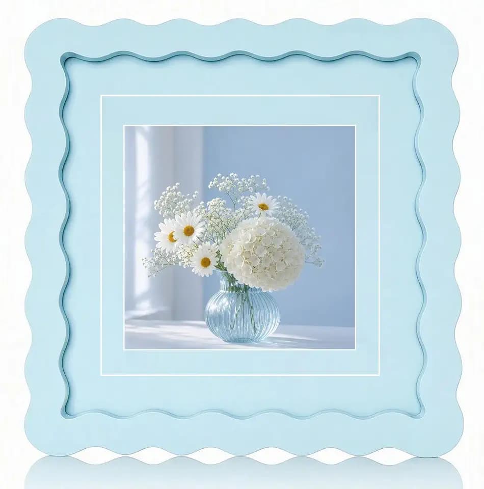 SNAPSHOT 8x8 Picture Frame with Mat for 6x6/4x4, Wooden Photo Frames with Real Glass for Wall Mount and Tabletop, Wavy Edge Blue, 1 Pack