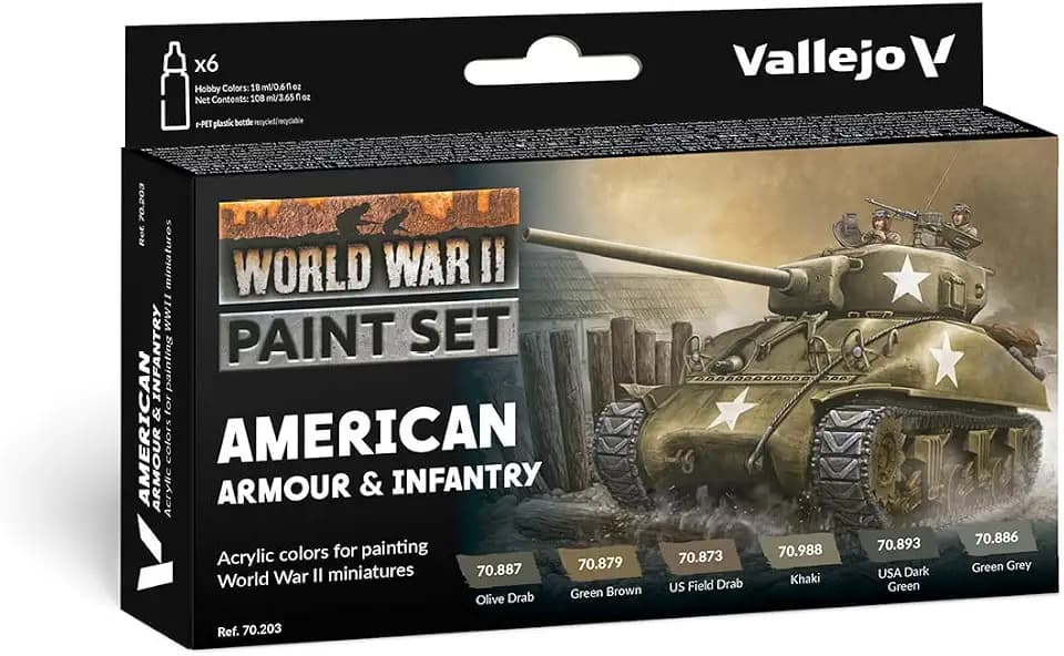 Vallejo - WWII American Armour & Infantry Model Color Paint Set | Historic US Military Shades | Brush & Airbrush Compatible Acrylic Colors | Pro Modeler Collection | 6 bottles x 18 ml. (0.6 fl.oz)