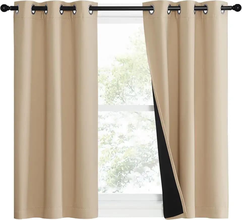 NICETOWN Bedroom Full Blackout Curtain Panels, Set of 2 Pcs, 37 by 40-inch, Biscotti Beige, Super Thick Insulated Grommet Drapes, Double-Layer Blackout Draperies with Black Liner for Small Window
