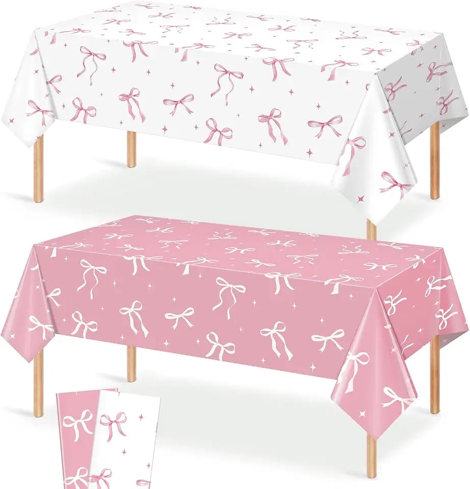 2Pcs Coquette Party Tablecloths Decorations,Pink and White Bow Plastic Table Cover Disposable Rectangle Table Cloth for Girls Birthday Bridal Wedding Baby Shower Party Supplies,54x108 Inch