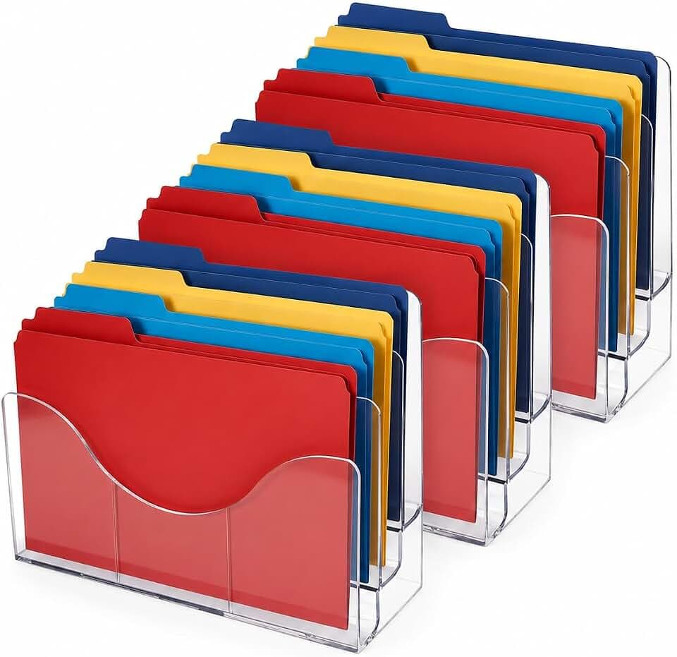 Azar Displays 250099-3PK Three Tier File and Brochure Desktop Wall Organizer Holder with Dividers brochure display stand acrylic file holder, Clear , 3-Pack