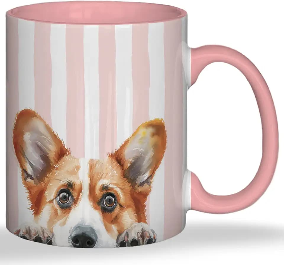Corgi Mug, Gifts for Corgi Lovers Ceramic Coffee Cup With Handle, Dog Mom Lovers Gifts, Pink and White Striped Corgy Dog Tea Mug, 11 Ounce